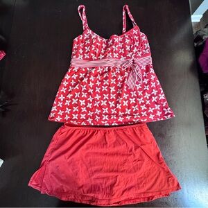 Beach House Red and White Floral Tankini with Solid Swim Skirt. Size 10